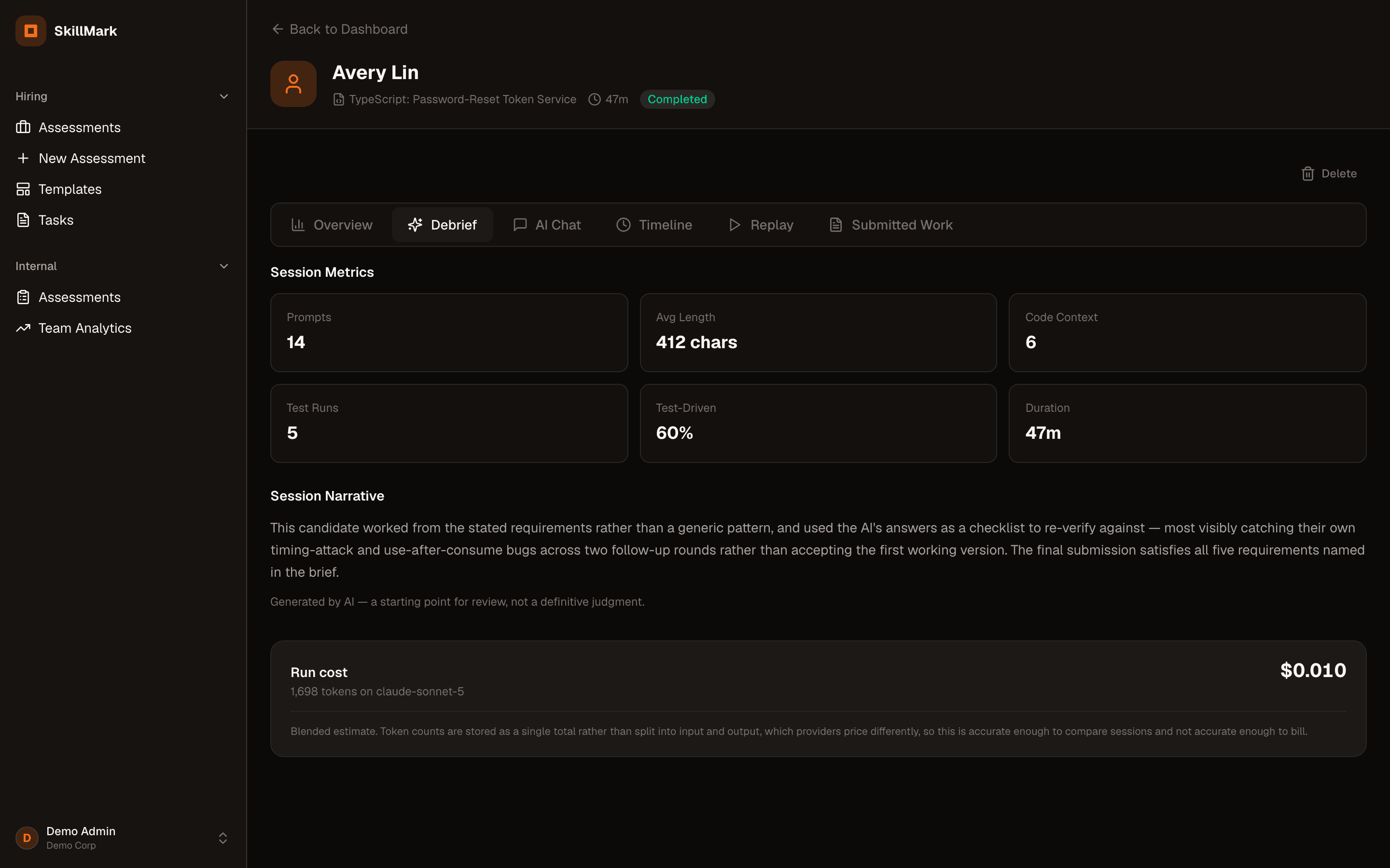 Reviewer Debrief view showing session metrics, an AI-generated narrative, and a completed status badge