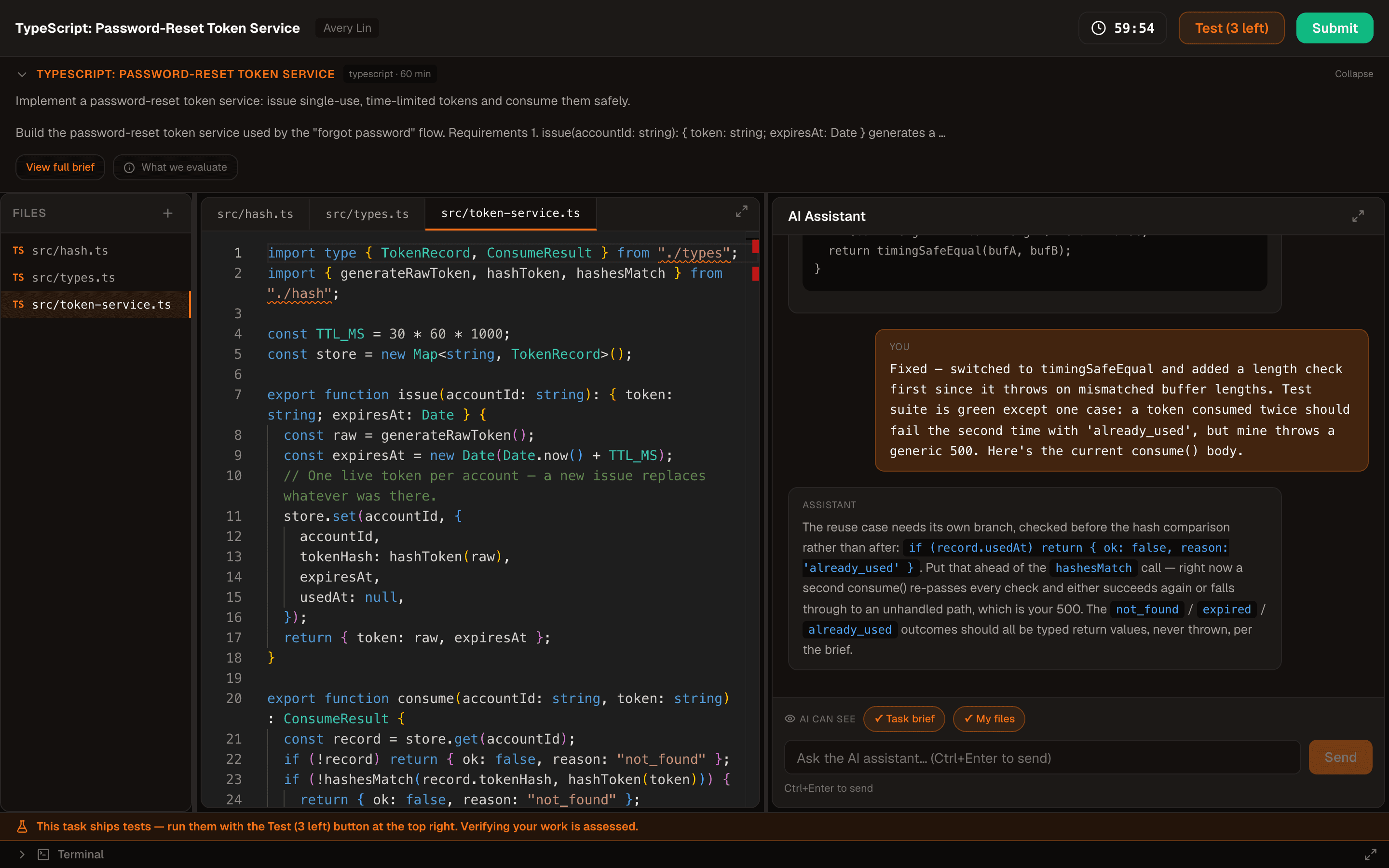 Candidate coding workspace showing the task brief, a TypeScript file open in the code editor, an AI assistant conversation, and a countdown timer